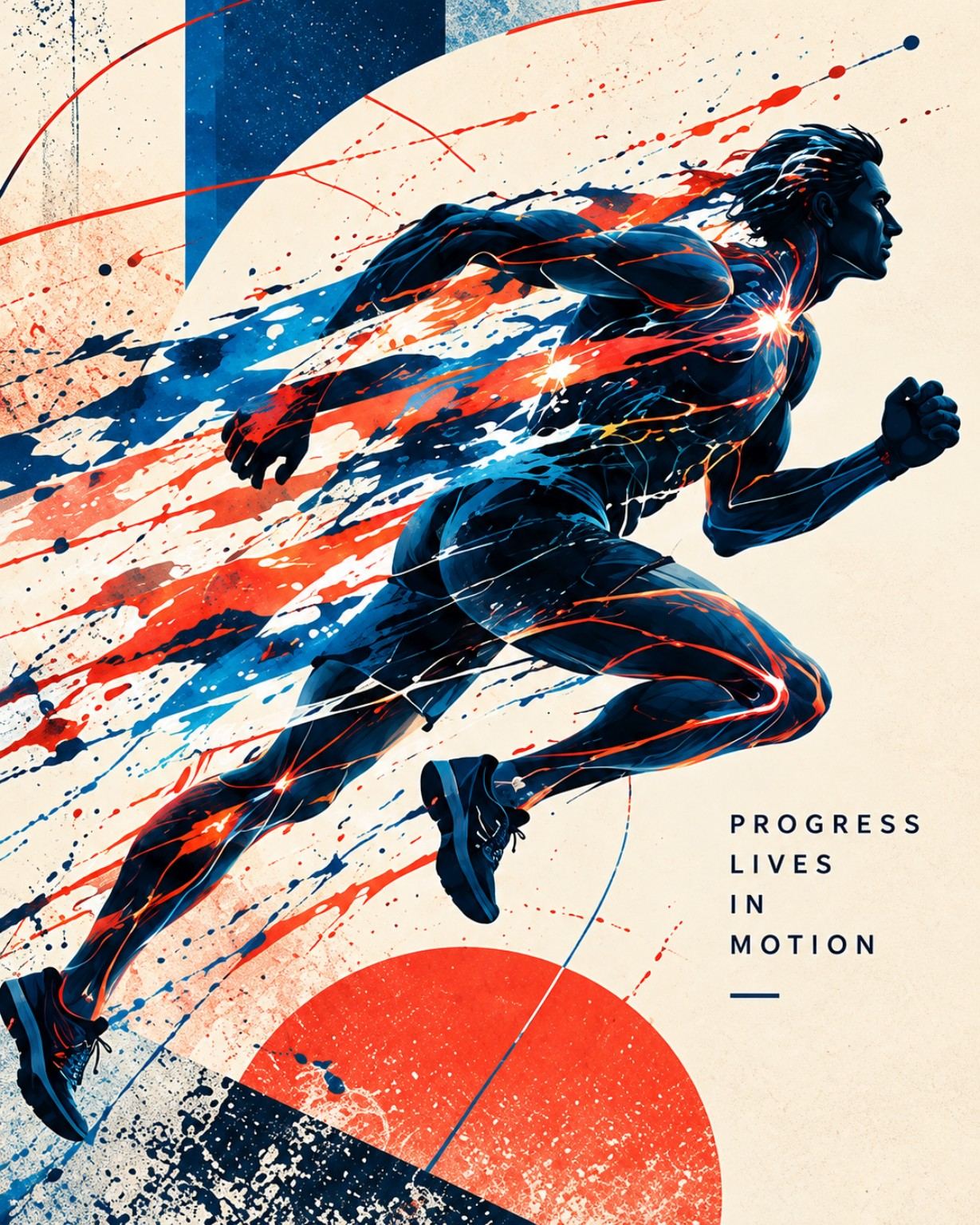 A runner in motion breaks into flowing blue and orange brushstrokes.