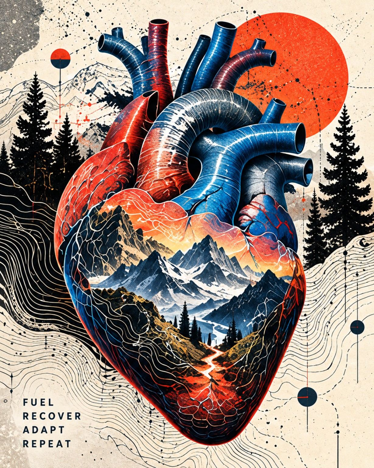 A conceptual heart contains mountain trails and forests.