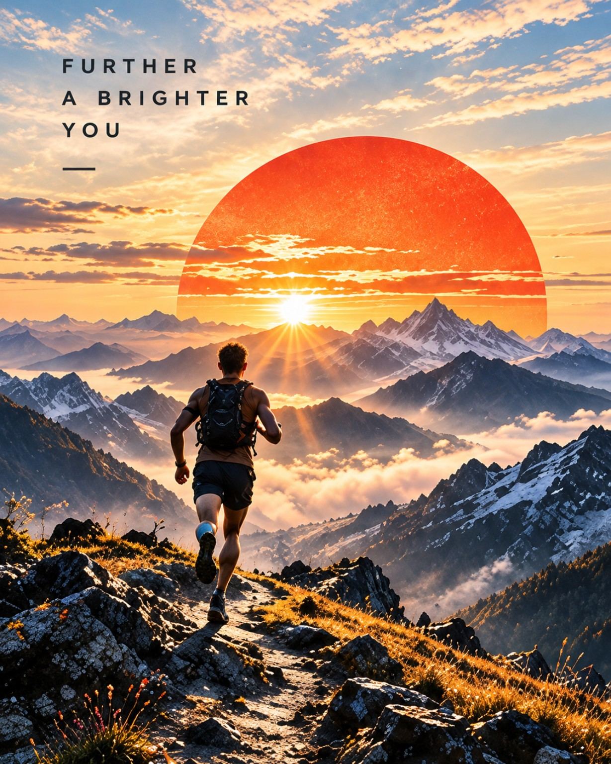 A runner looks toward a mountain sunrise beneath an orange sun.