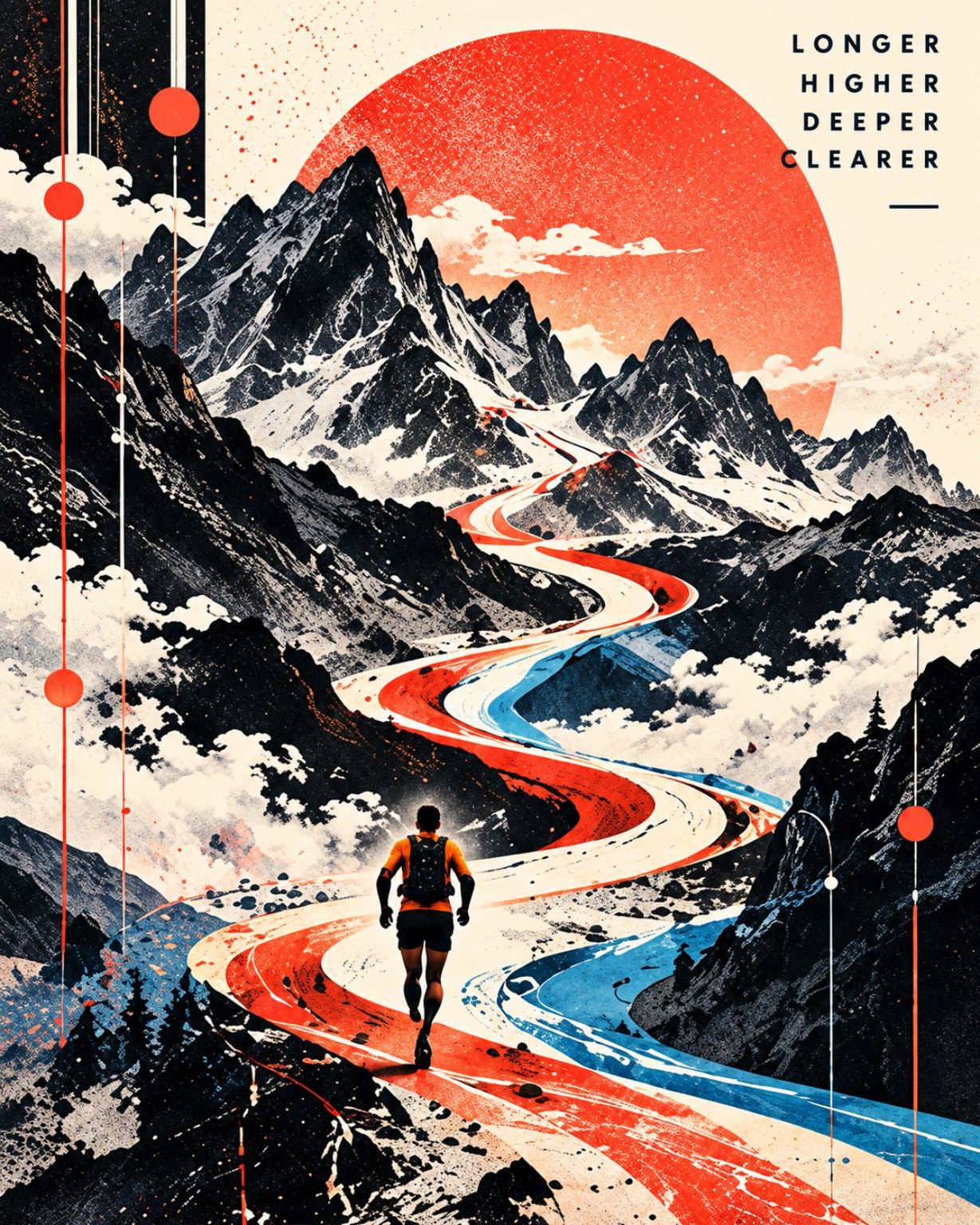 A winding orange trail connects runners across a mountain landscape.