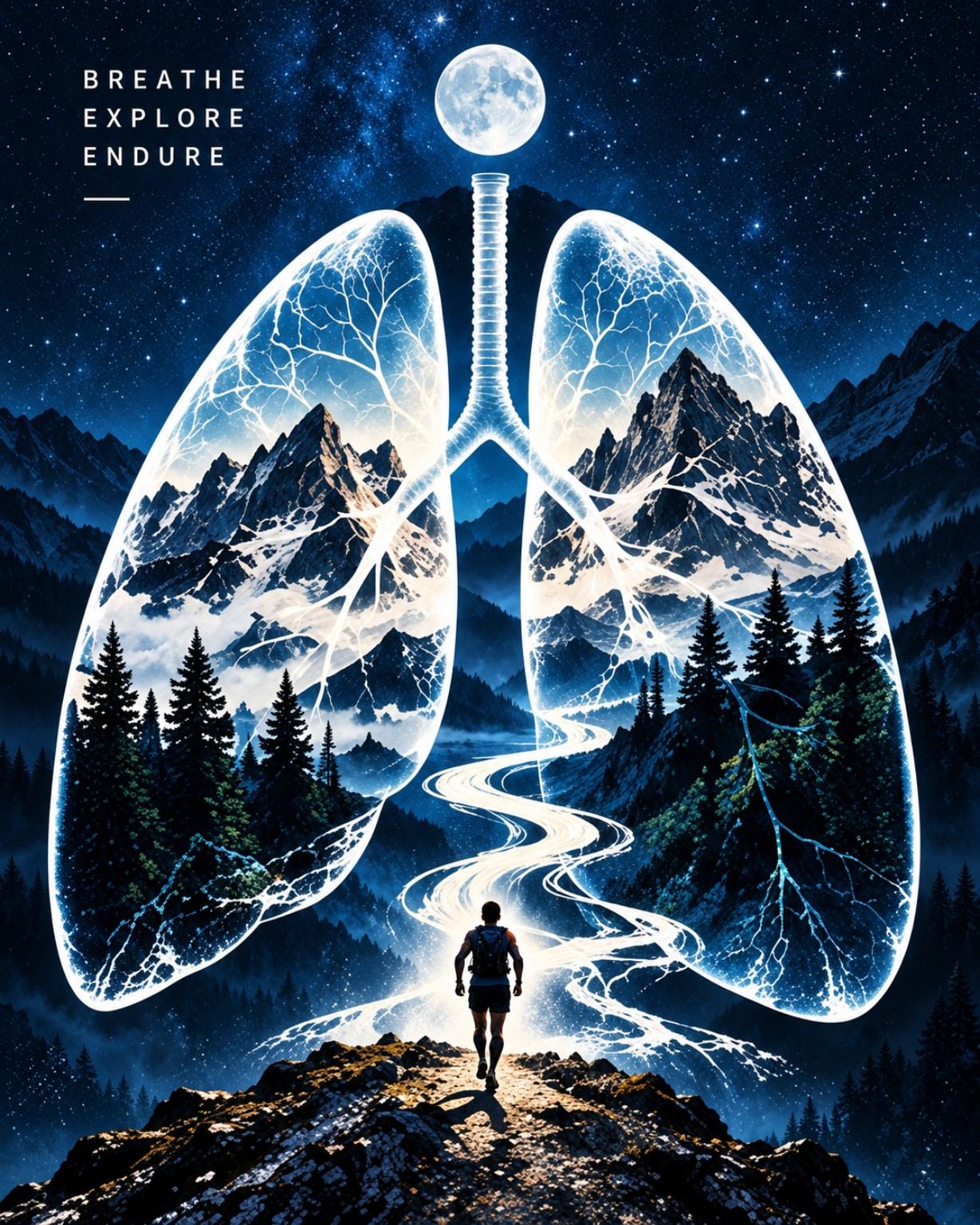 Conceptual lungs contain forests, mountain peaks and winding trails.
