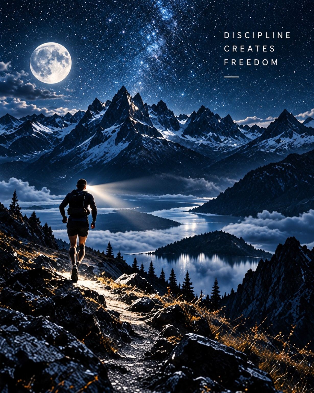 A runner stands above a mountain lake beneath a moonlit sky.