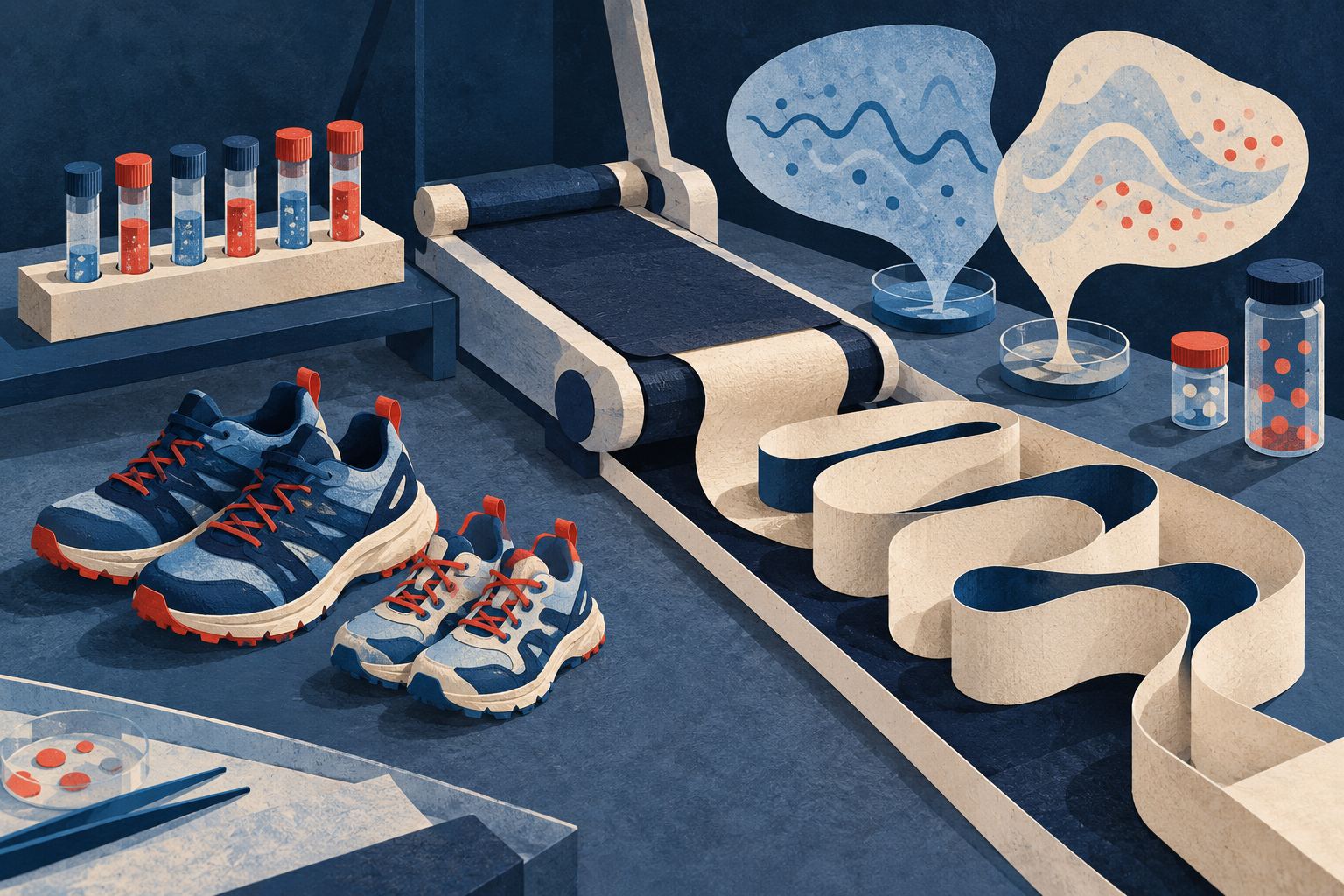 Twee maten hardloopschoenen staan naast een loopband, darmachtige papierlussen en abstracte monsterbuisjes.