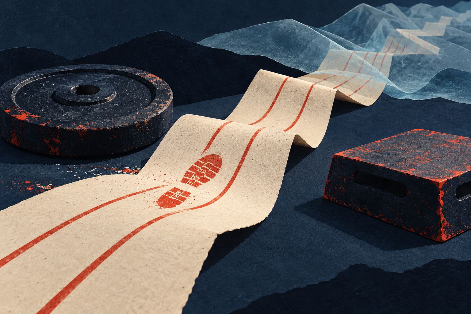 A folded paper running track passes a weight plate and jump platform under a translucent blue layer.