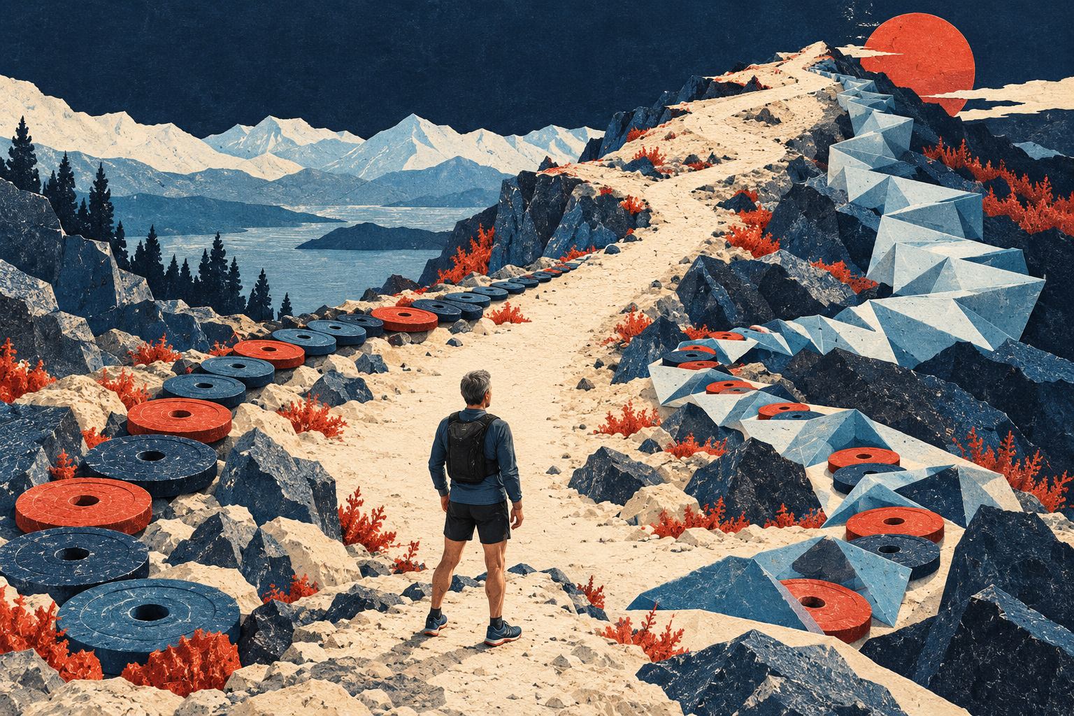 A runner faces an uphill path bordered by weight plates, paper inclines and a combination of both.