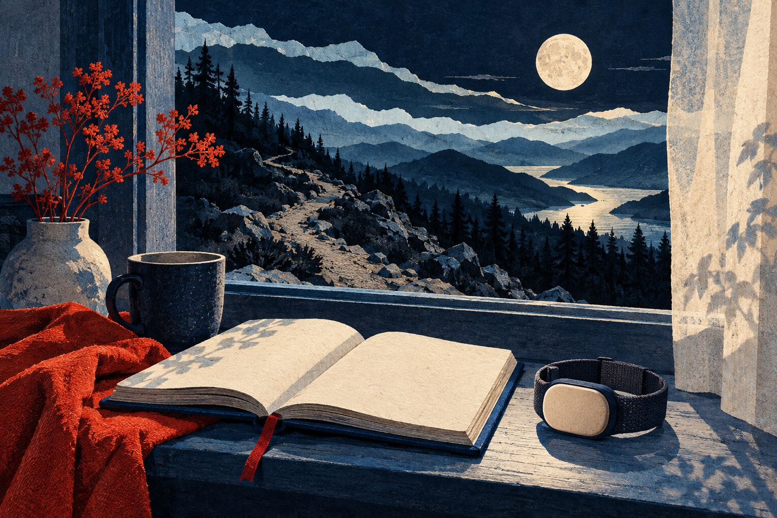 An open sleep diary and wrist sensor rest by a window overlooking layered mountains beneath a moon.