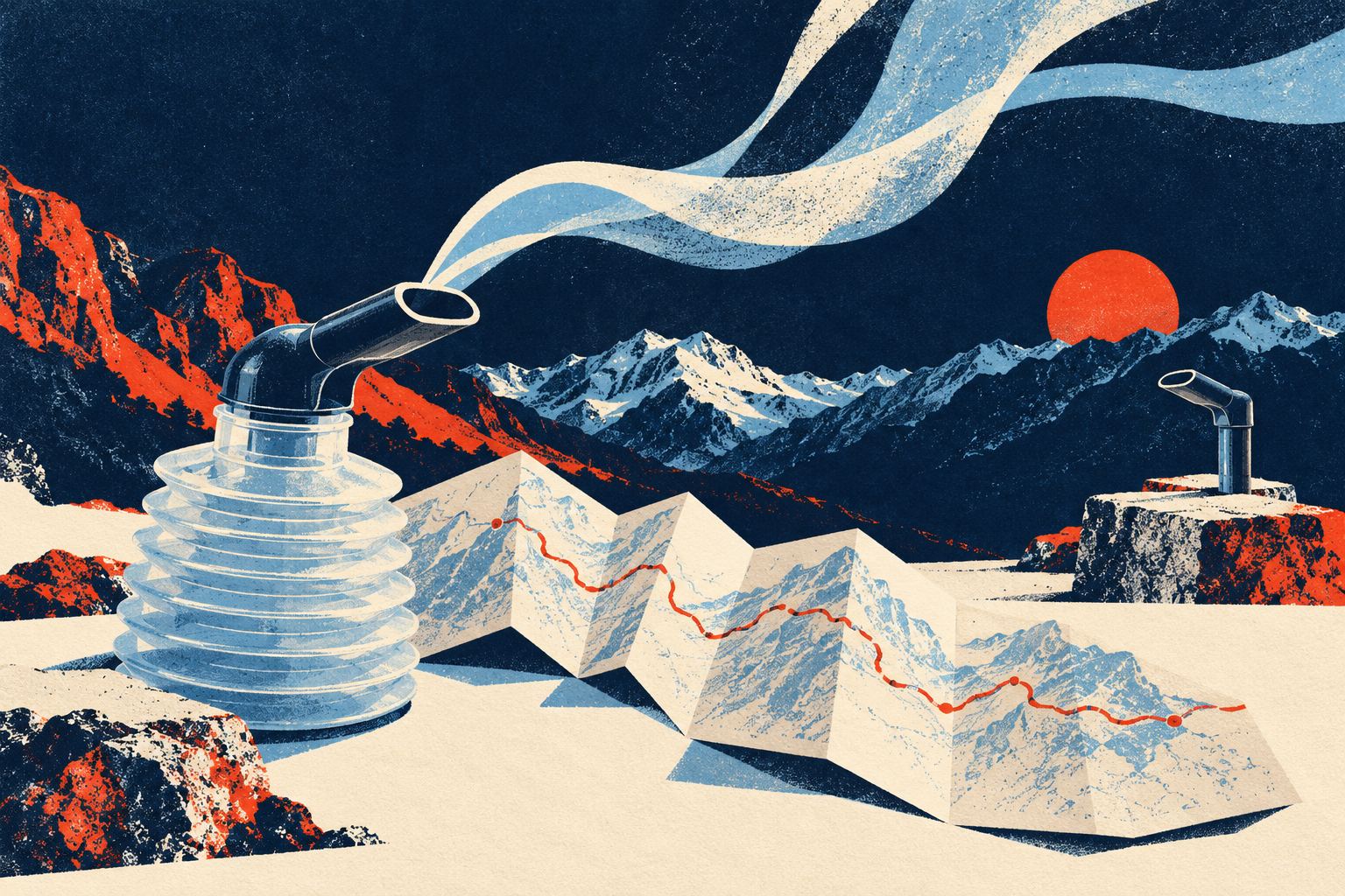A breathing mouthpiece and translucent bellows stand beside a folded mountain map and flowing cream and blue ribbons.
