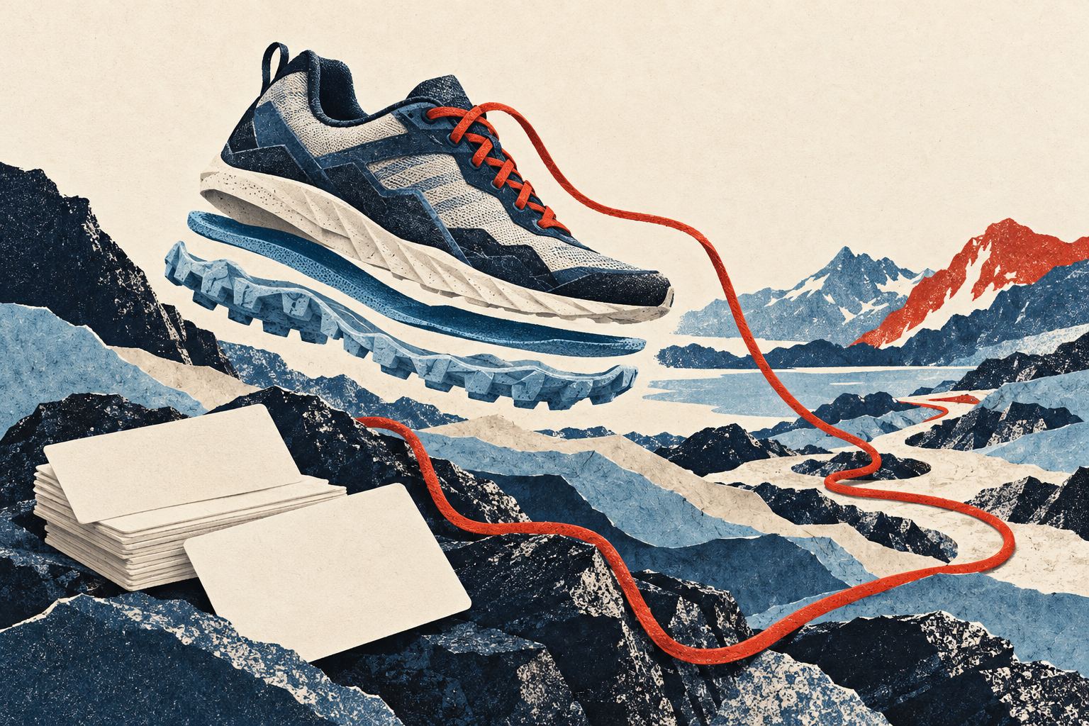A trail shoe with separated sole layers floats above paper rocks, with a red shoelace forming a trail beside blank study cards.