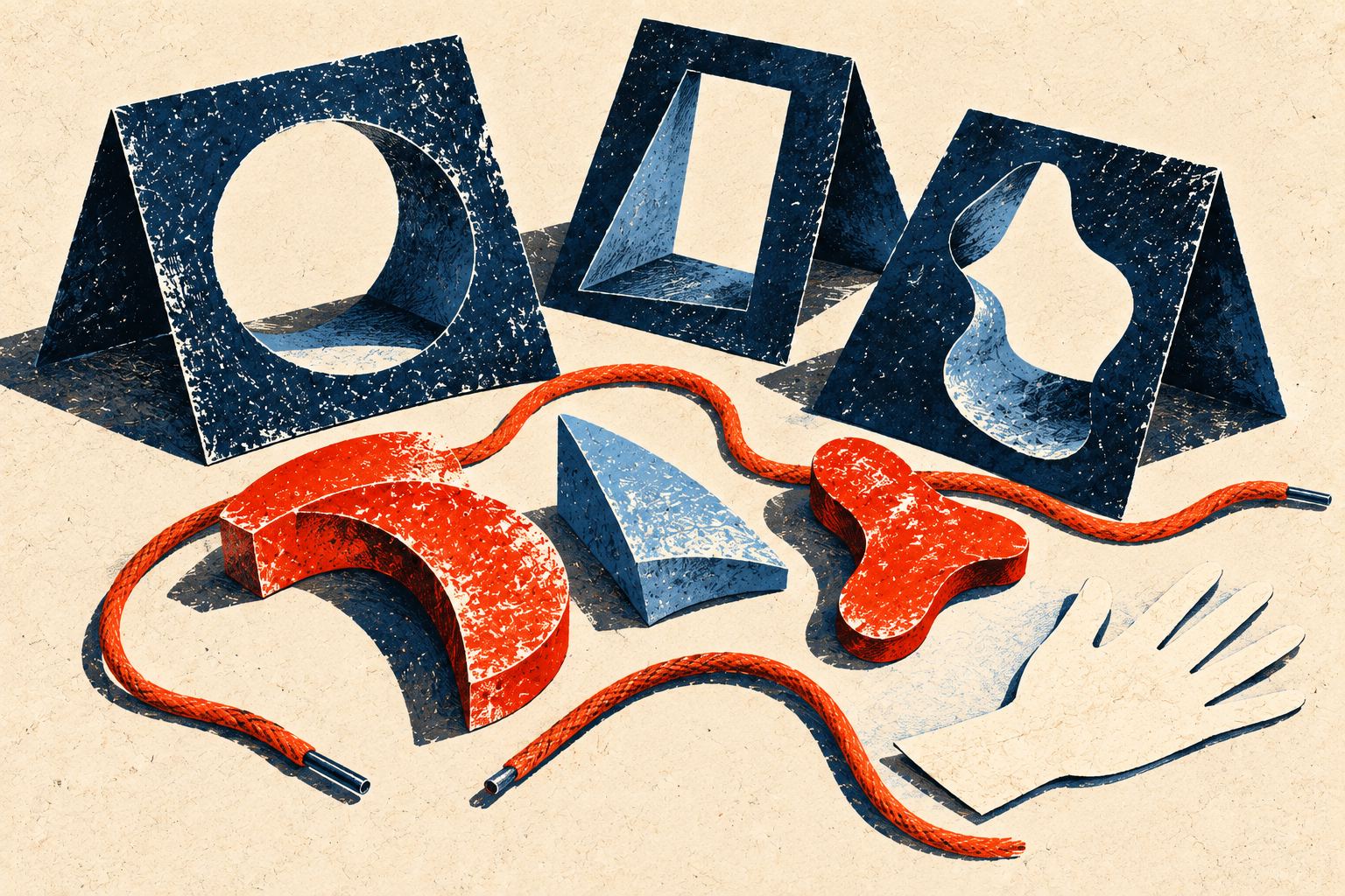 Three navy folded-paper frames, loose colored paper shapes, a red shoelace and a cream paper hand rest on textured cream paper.