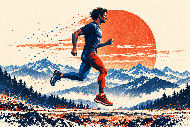 The orange right foot approaches the ground in the foreground; the blue left leg recovers farther away. Both feet are airborne.