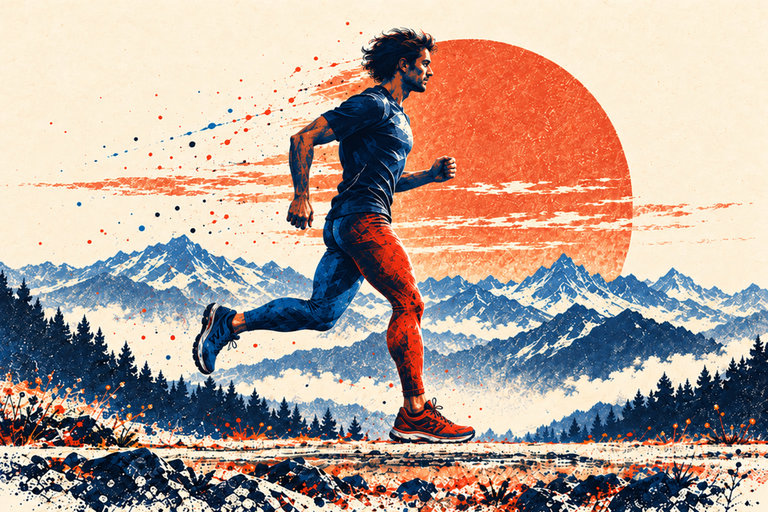 The orange right foot touches the ground in the foreground with a flexed knee; the blue left foot remains airborne farther away.