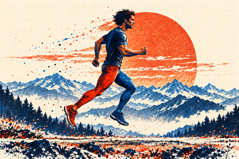 The orange right leg trails in the foreground after toe-off; the blue left foot approaches its next contact farther away. Both feet are airborne.