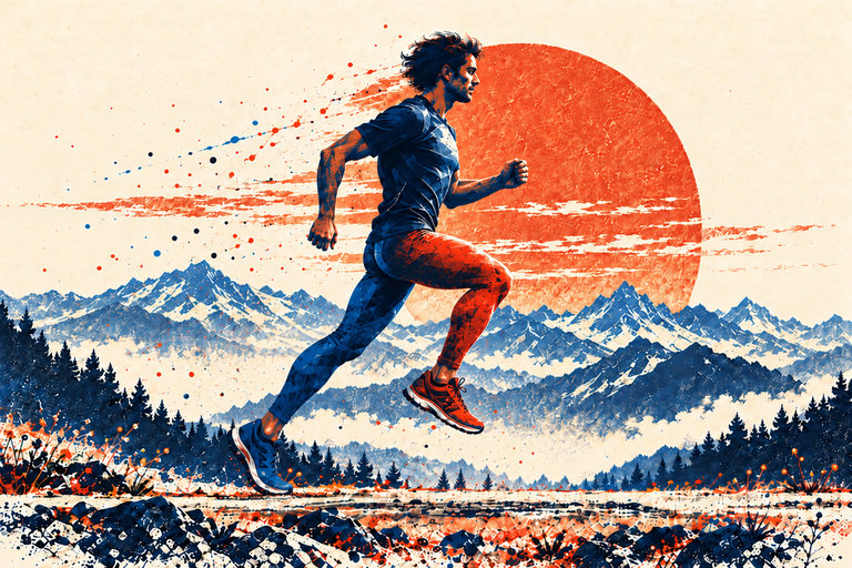 The orange right thigh advances with a bent knee in the foreground; the blue left forefoot supports behind the body.