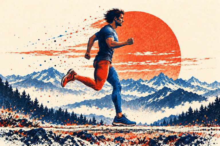 The orange right leg recovers in the foreground while the blue left leg supports farther away.
