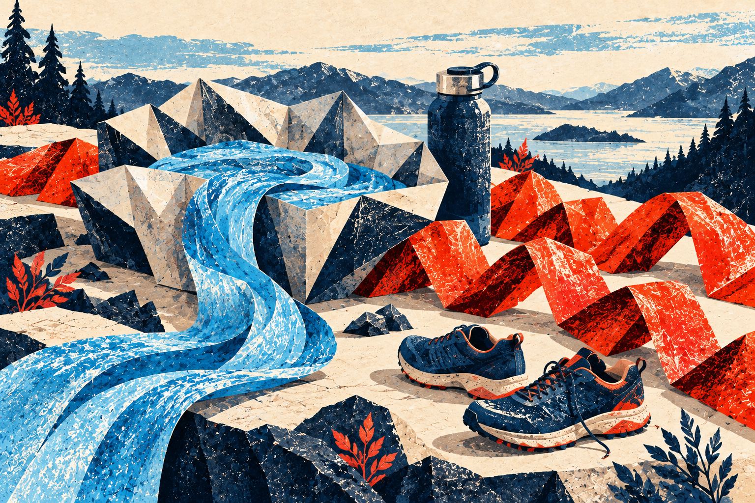 Trail shoes and unmarked flask beside a paper basin with blue and orange folded ribbons.